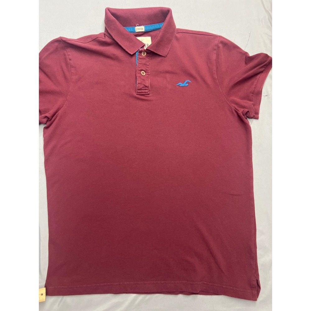 Hollister Mens XL Burgundy Maroon Short Sleeve Stretch Pique Polo Blue Logo